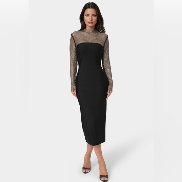 Mew Mews Dresses & Skirts - Ruzevich Black Long-Sleeve Crystal Bandage Midi Dress Size M